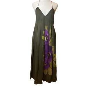 Ideology Silk Maxi Dress Floral Green Purple Flowy Boho Romantic Art Resort Sz 4